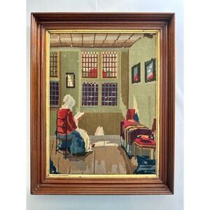 Vintage Needlepoint Tapestry Woman Lady Reading Vintage Framed Wall Art Classic